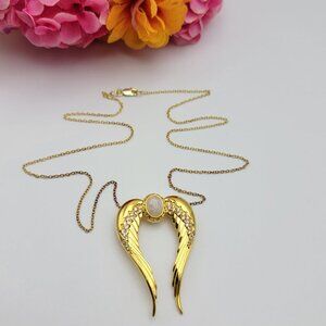 925 Sterling Silver Gold Vermeil WINGS Necklace Moonstone And Crystal Accent 20"